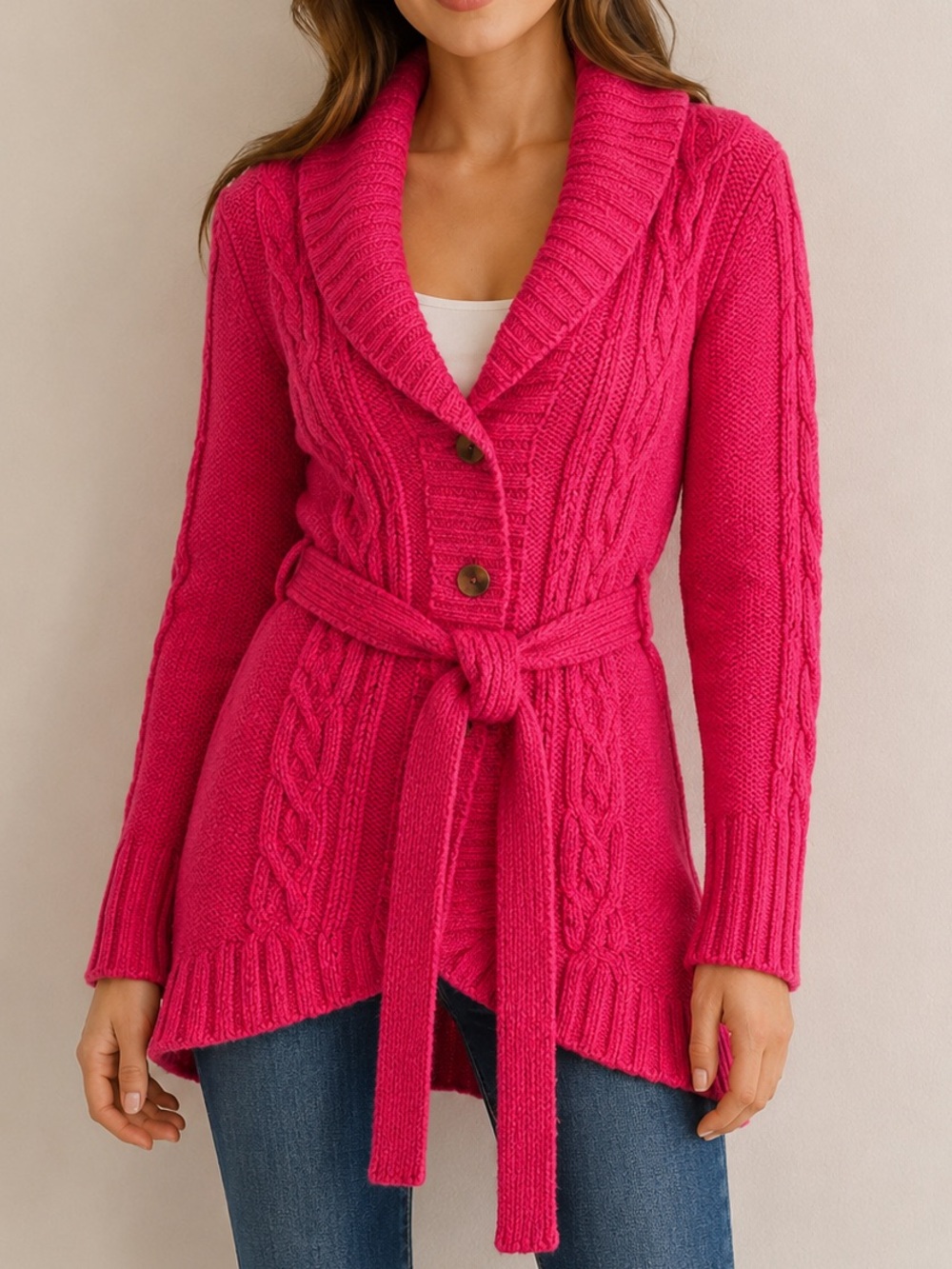 Cabela’s Y2K Pink Cable Knit Belted Cardigan Sweater Duster Medium